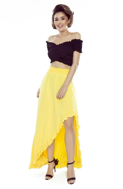 Bergamo 426-1 Asymmetrical maxi skirt with a frill - lemon leather skirt sleek