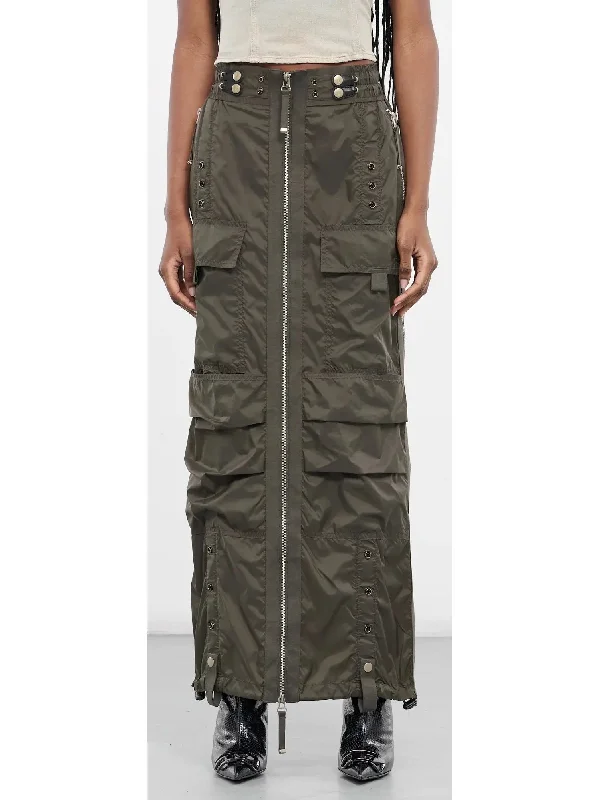 Cargo Maxi Zip Skirt in Dark Green silk skirt lustrous