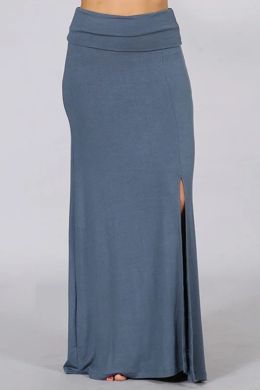 Chatoyant Basic Smokey Blue Maxi Skirt silk skirt smooth