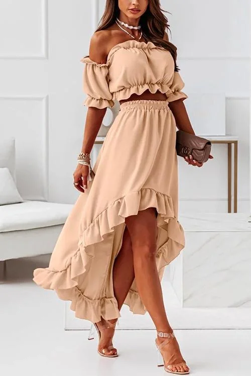 Off Shoulder Crop Top High Low Hem Skirt Ruffle Set corduroy skirt durable