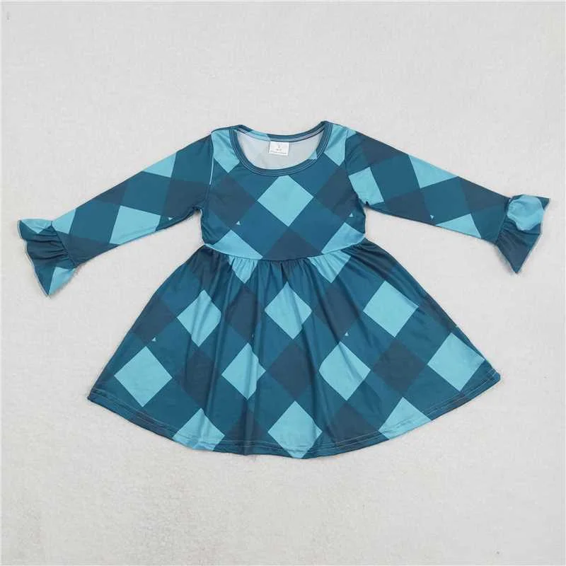 RTS NO MOQ SALES G6-16-2[ Checkered blue long-sleeved skirt lightweight skirt design