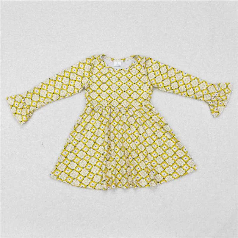 RTS NO MOQ SALES G6-6-6[ Yellow and white pattern long-sleeved skirt pleated skirt texture