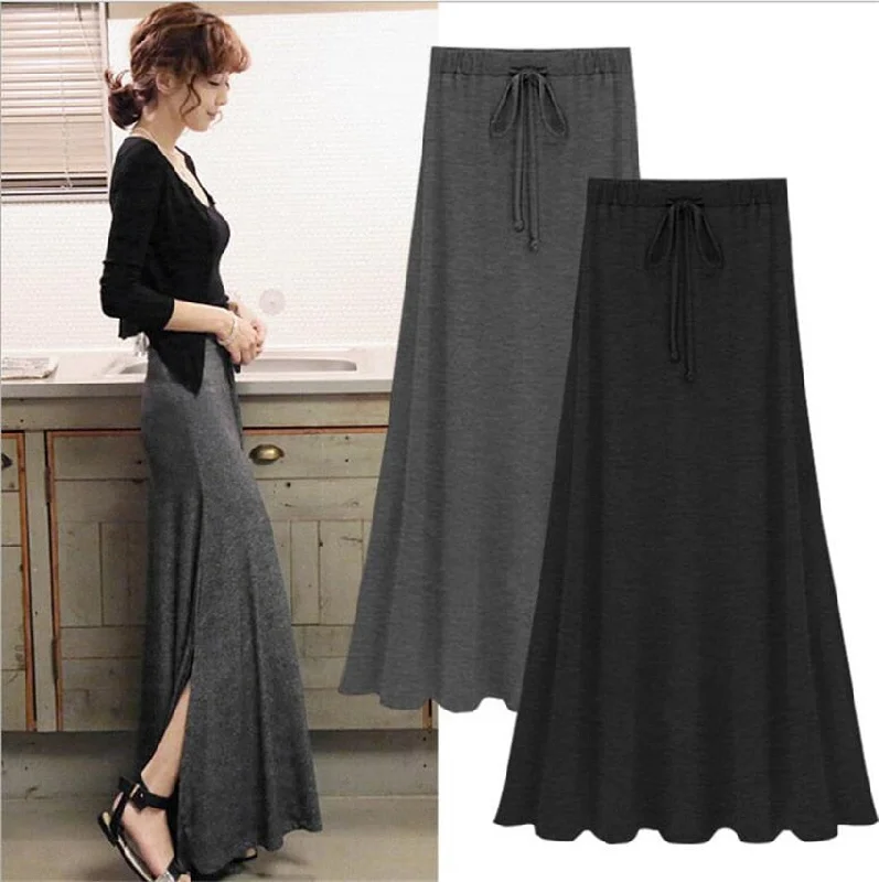 Sexy Summer Slit Side Skirt Women Fashion Casual Long Maxi Skirt Stretchy Solid Lace-Up Gray Black Skirts elastic waist skirt