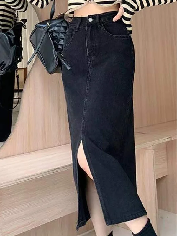 Summer Maxi Denim Skirt for Women  Vintage High Waist Blue Black Long Jeans Skirt Spring Female A-line Split Denim Skirts summer skirt style