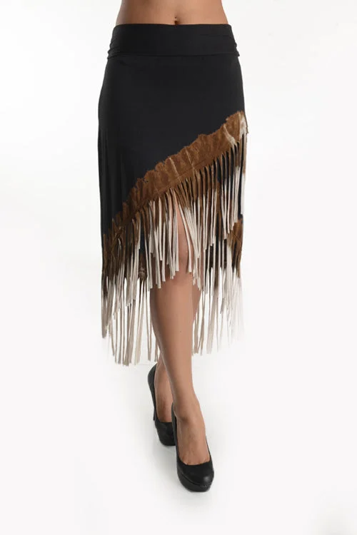 T-Party Western Tri Color Hi-Lo Fringe Skirt Black lace skirt feminine