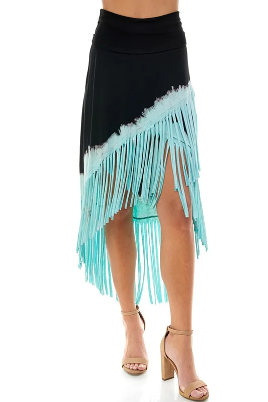 T-Party Western Tri Color Hi-Lo Fringe Skirt Turquoise leather skirt refined