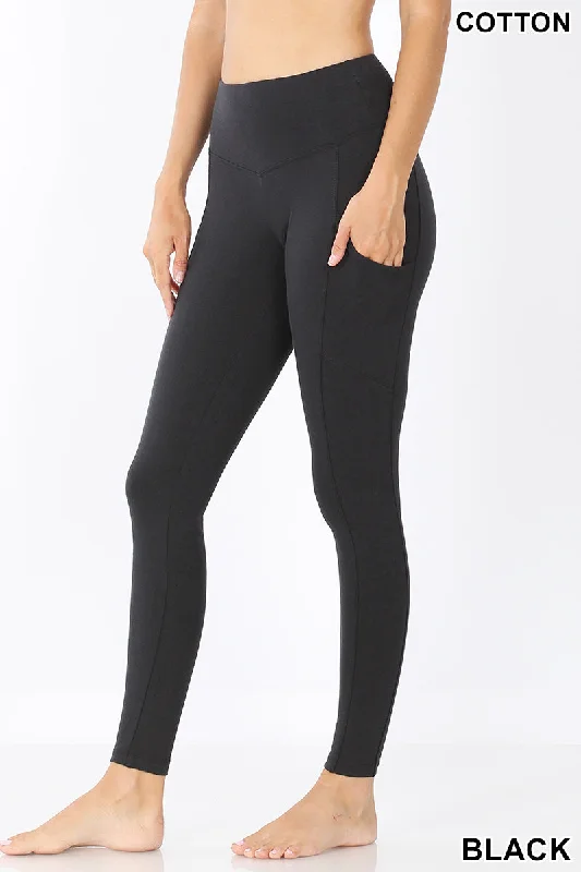 Beautifully Basic Cotton Stretch Full Length Leggings with Side Pockets - Black Elegant Metallic Leggings