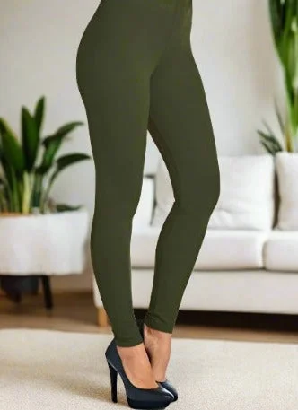 Womens Solid Green Leggings, Soft Yoga Pants, Sizes 0-18, No Roll Waist, Olive Green Comfortable Wide-Band Leggings