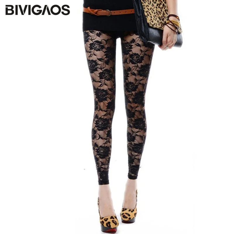 BIVIGAOS New Summer Women Lace Roses Sexy Leggings Thin Elastic Rose Hollow Push Up Leggings Women's Transparent Black Leggings Fashionable Ribbed Knit Leggings