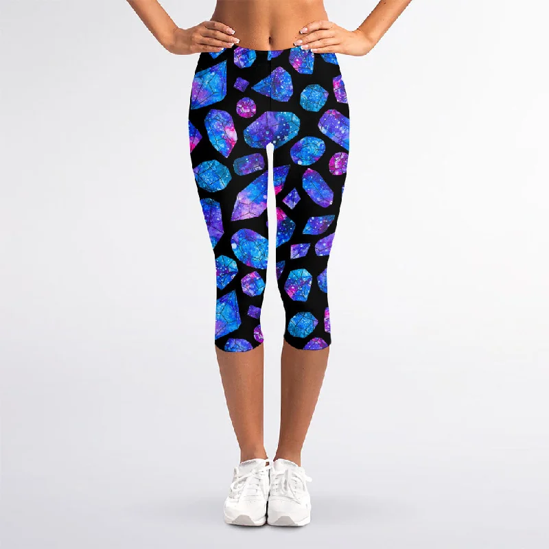 Blue Crystal Cosmic Galaxy Space Print Women's Capri Leggings Comfortable Full-Body Compression Leggings