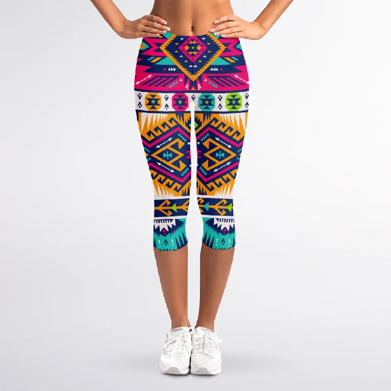 Bright Colors Aztec Pattern Print Women's Capri Leggings Elegant Sheer Leggings