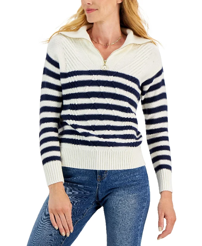 Charter Club Womens Zippered Striped Sweater Faux Fur Fabric Real Fur Fabric Shearling Fabric