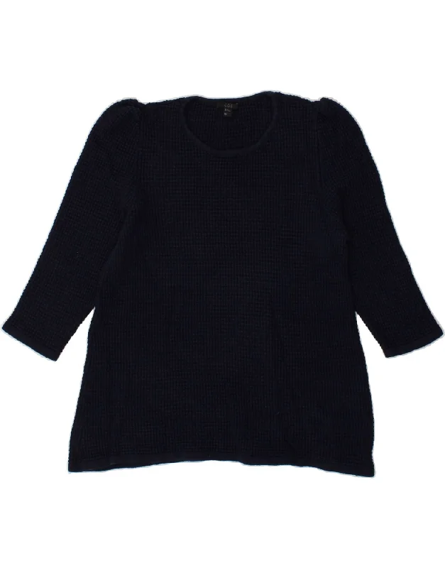 COS Womens 3/4 Sleeve Crew Neck Jumper Sweater UK 12 Medium Navy Blue Toggled Drawstring Belted