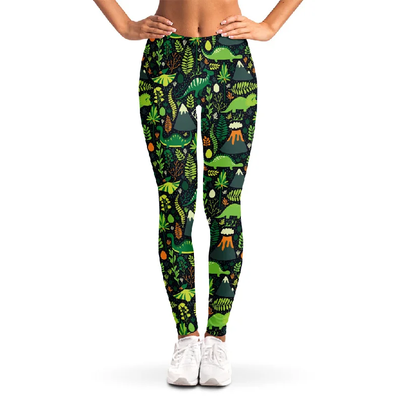 Cute Dinosaur And Floral Pattern Print Women's Leggings Cozy Yoga Compression Leggings