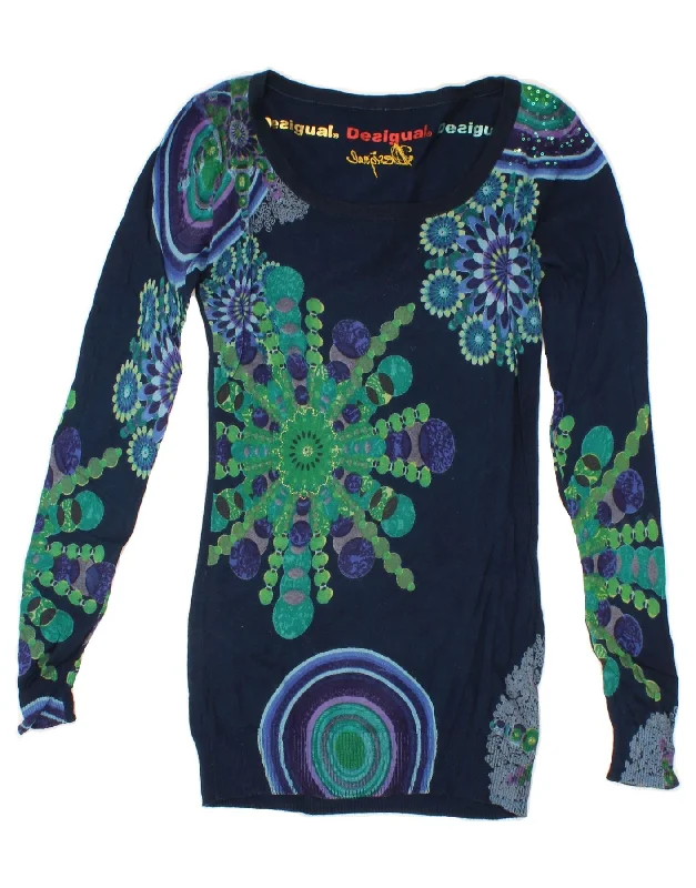 DESIGUAL Womens Boat Neck Jumper Sweater UK 12 Medium Navy Blue Floral Turtle Neck Boat Neck Asymmetrical Neck