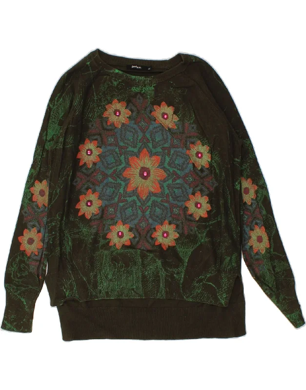 DESIGUAL Womens Graphic Boat Neck Jumper Sweater UK 14 Medium Green Floral Hooded Sweater Collared Sweater Shawl Collar