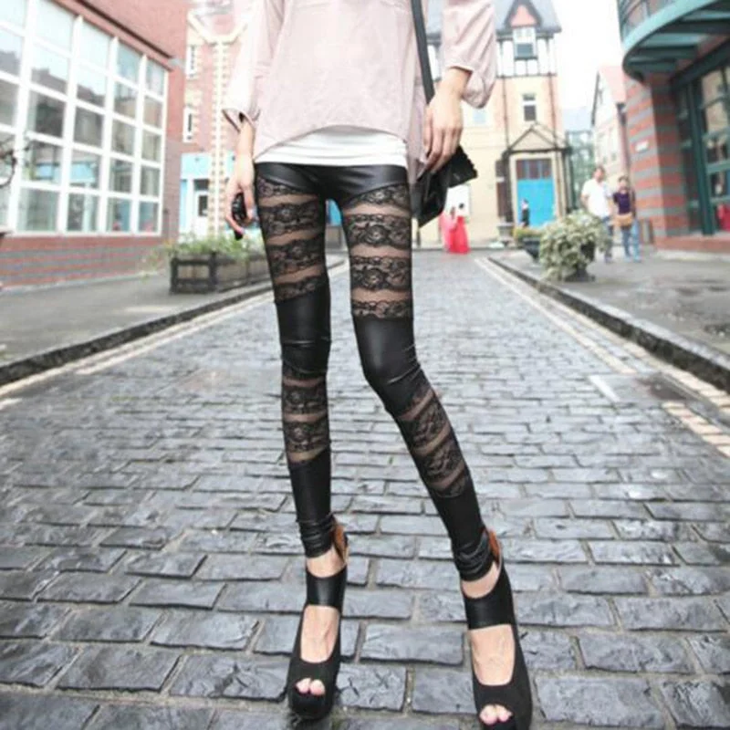 Fashion Rock Gothic Black Lace Rose Floral Pattern Hollow Stitching Leggings Rock Punk Stylish Slim PU Leather Pants For Women Elegant Stretchy Faux Leather Leggings