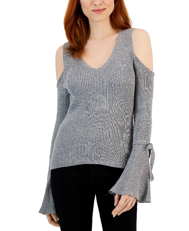 International Concepts Womens Cold Shoulder V Neck Sweater Mesh Sweater Canvas Denim