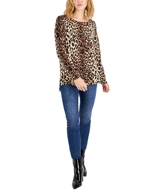 International Concepts Womens Leopard Print Boat Neck Sweater Cashmere Blend Cotton Blend Poly Blend