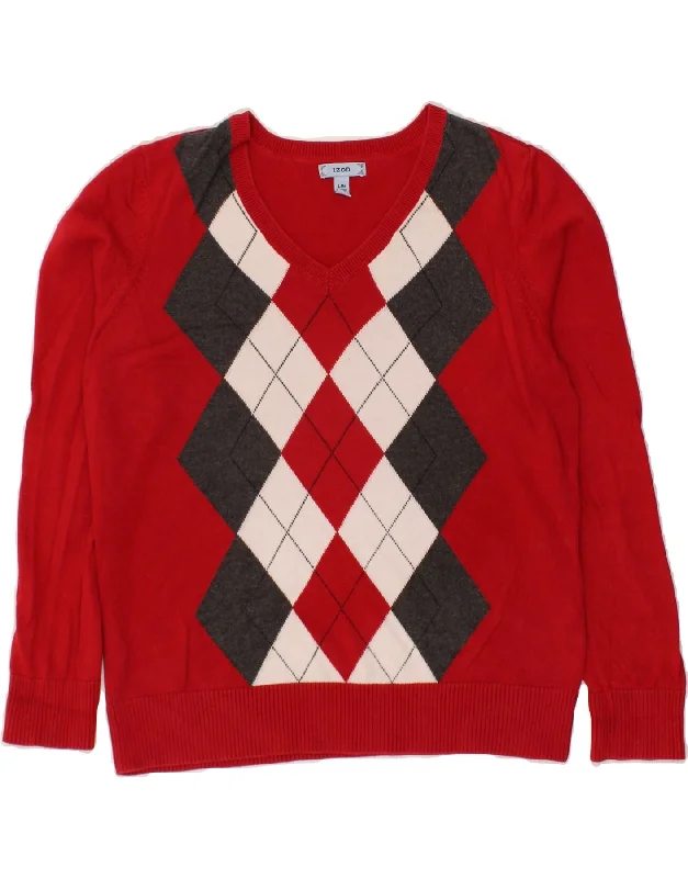 IZOD Womens V-Neck Jumper Sweater UK 16 Large Red Argyle/Diamond Cotton Lightweight Heavyweight Midweight