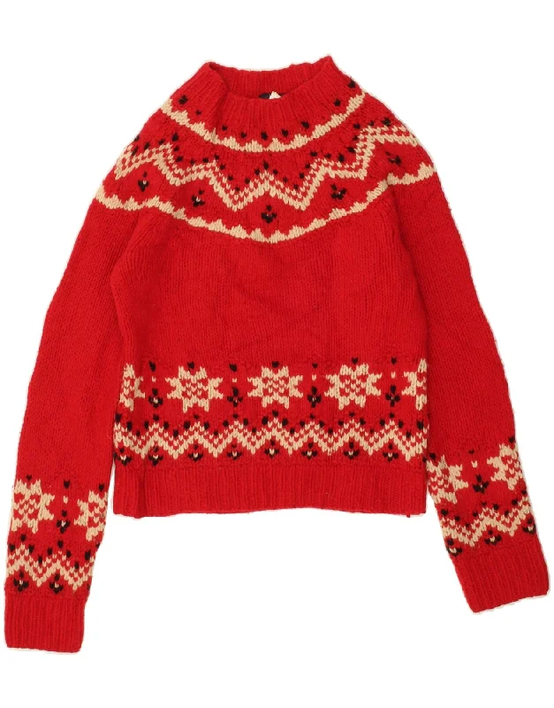 J. CREW Womens Turtle Neck Jumper Sweater UK 12 Medium Red Fair Isle Wool Anti-Pilling Anti-Shrink Durable