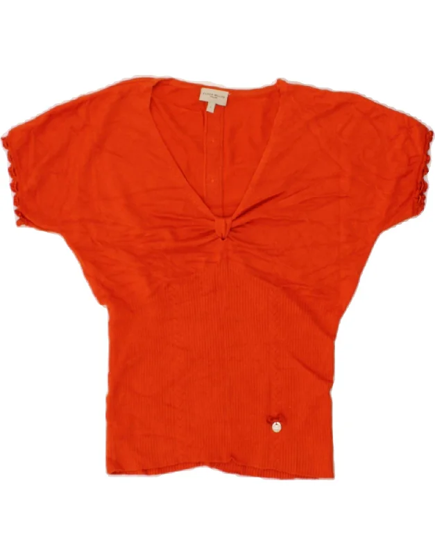 KAREN MILLEN Womens Short Sleeve V-Neck Jumper Sweater UK 8 Small Orange Chenille Brocade Lace