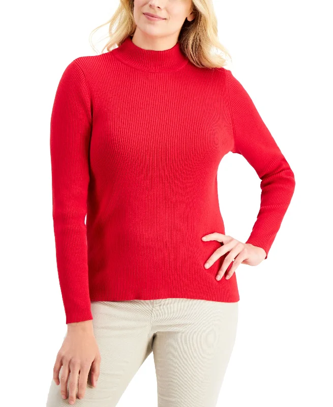 Karen Scott Cotton Solid Rib Mock Neck Sweater Hooded Sweater Collared Sweater Shawl Collar