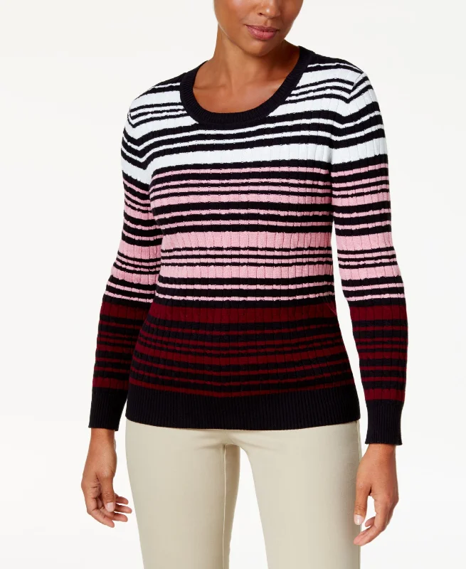 Karen Scott Cotton Striped Cable Knit Sweater Mesh Blend Leather Blend Suede Blend