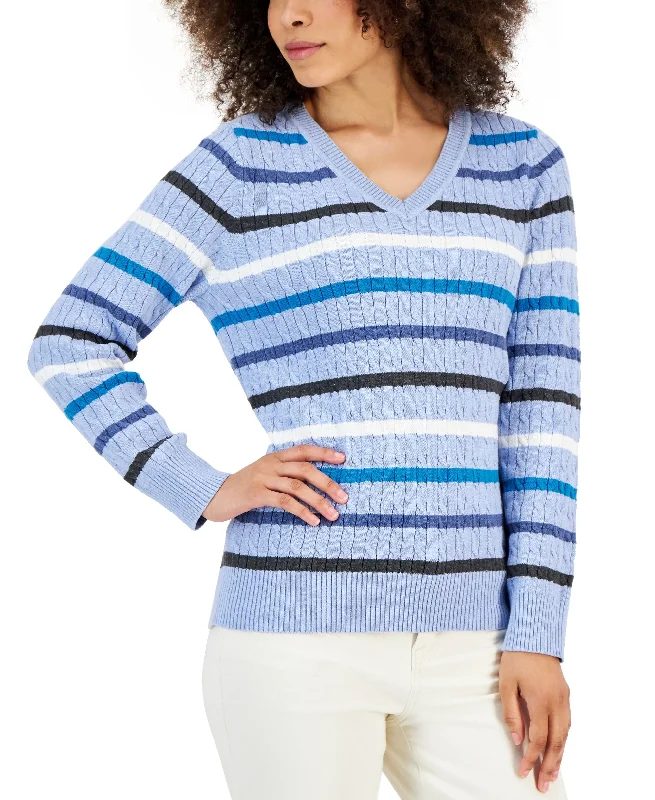 Karen Scott Womens Allston Cotton Striped Cable Sweater Spandex Blend Rayon Blend Denim Blend