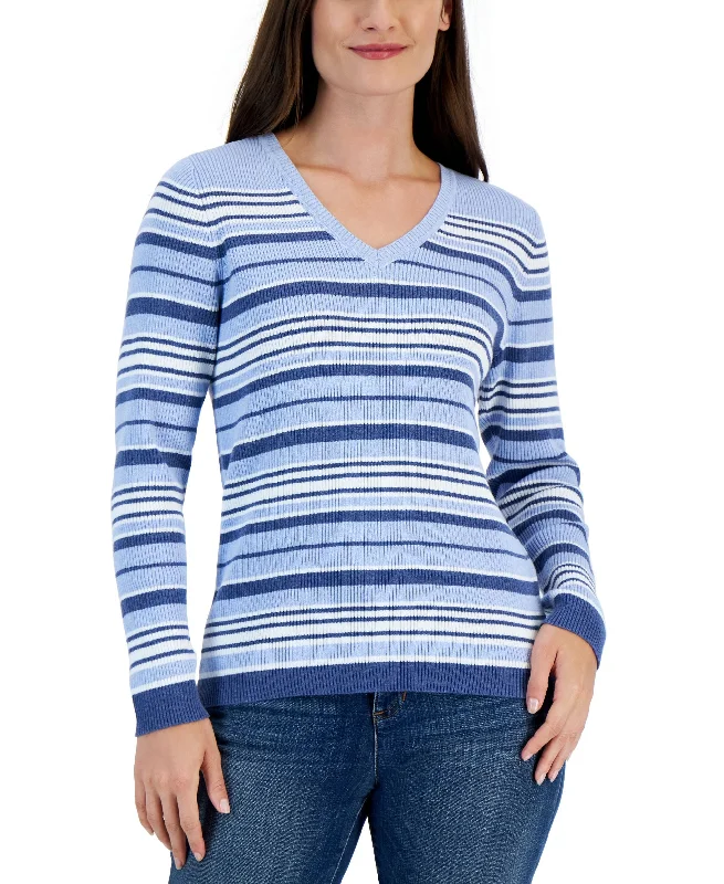 Karen Scott Womens Cotton Striped Iysha Sweater Boxy Sweater Fitted Sweater A-Line