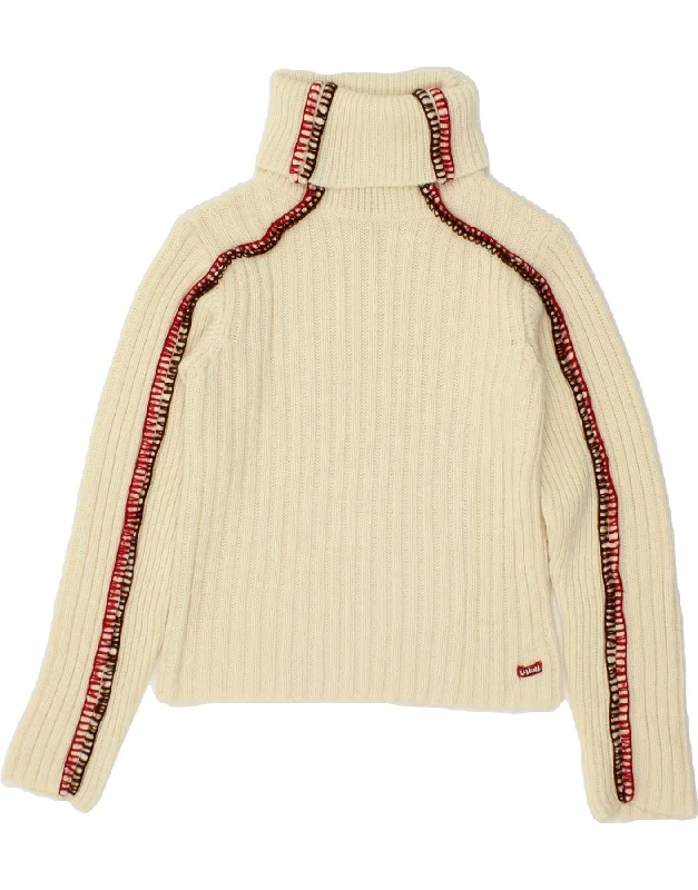 KILLAH Womens Crop Roll Neck Jumper Sweater UK 10 Small Beige Acrylic Zippered Buttoned Snapped