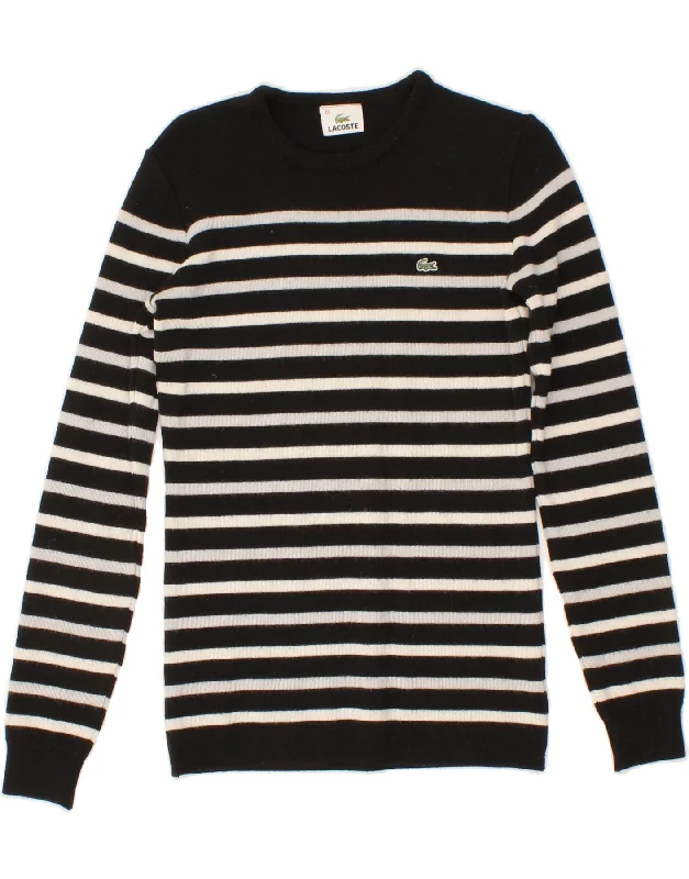 LACOSTE Womens Crew Neck Jumper Sweater Size 40 Medium Black Striped Glossy Satin Silk