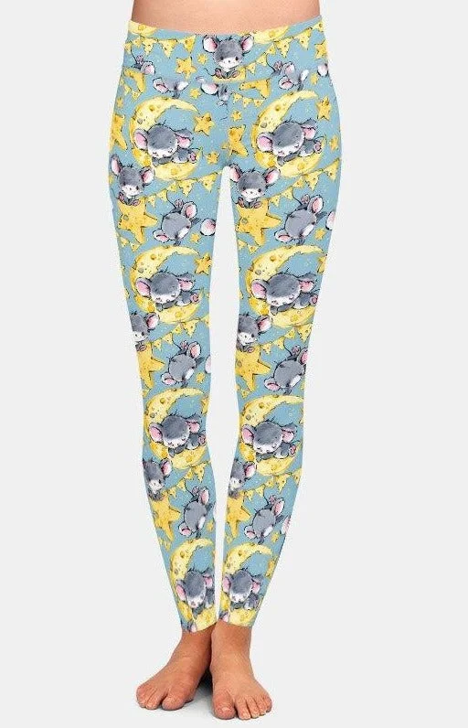 Ladies Cute Mice On The Cheese Moon Printed Leggings Elegant Casual Fit Leggings