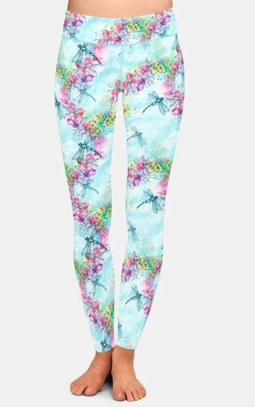 Ladies Dragonflies & Flowers Printed Leggings Stylish Printed Sport Leggings