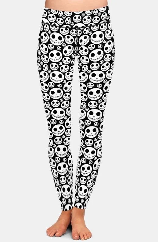 Ladies Halloween Skeleton Faces Printed Leggings Fashionable Lacy Detail Leggings