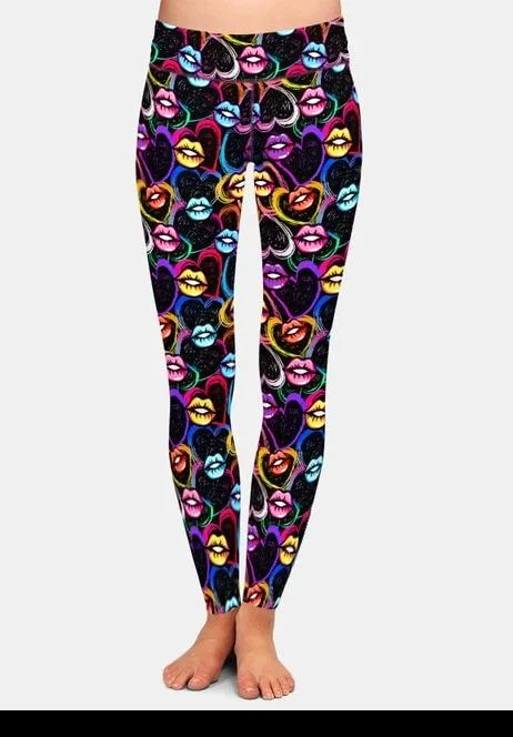 Ladies Sexy Coloured Lips Printed Leggings Stylish Faux Leather Leggings