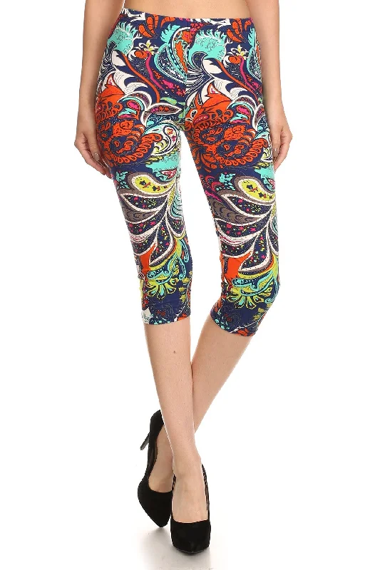 Multi-color Ornate Print Cropped Length Fitted Leggings With High Elastic Waist. Trendy Cold Weather Tights