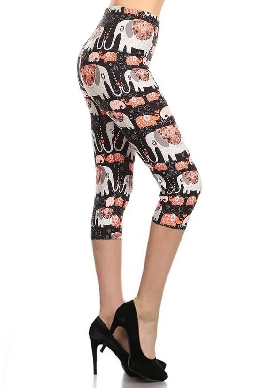 Elephants Printed, High Waisted Capri Leggings In A Fitted Style With An Elastic Waistband Cozy Warmth Leggings