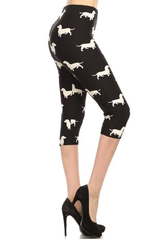 Dog Print, High Waisted Capri Leggings In A Fitted Style With An Elastic Waistband. Trendy Polka Dot Leggings