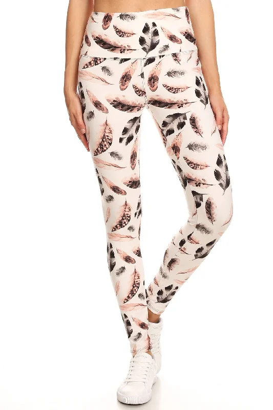 Long Yoga Style Banded Lined Leaf Printed Knit Legging With High Waist Trendy Side-Pocket Leggings