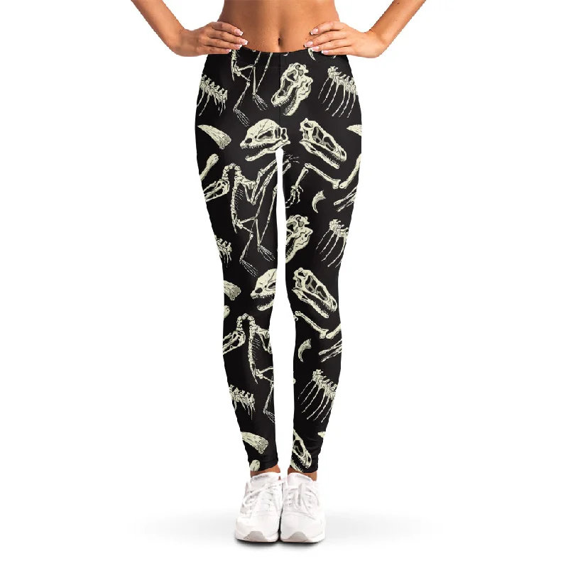 Monochrome Dinosaur Fossil Pattern Print Women's Leggings Fashionable Plus-Size Activewear