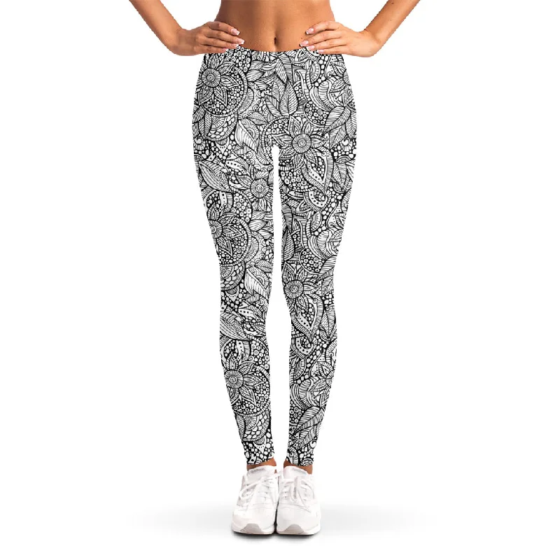 Monochrome Zentangle Pattern Print Women's Leggings Fashionable Floral Active Leggings