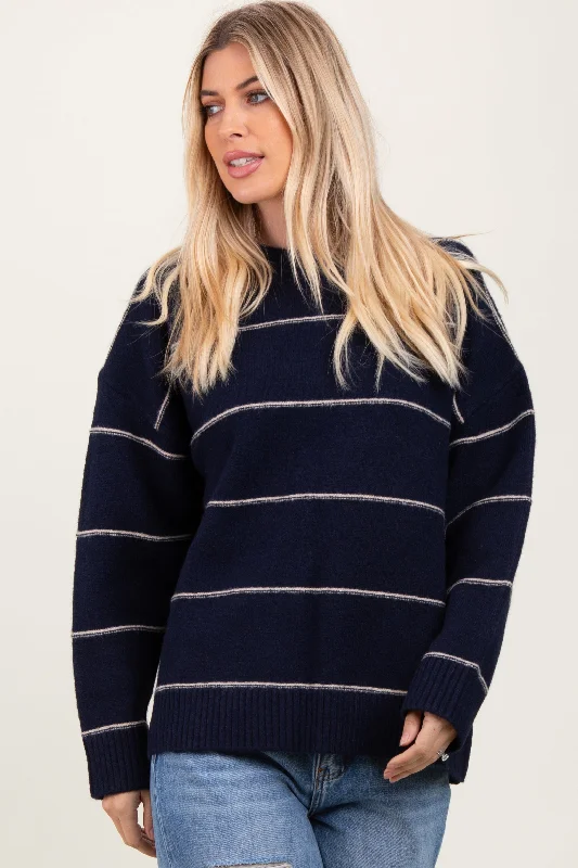 Navy Striped Drop Shoulder Sweater Handmade Hand-knitted Hand-woven