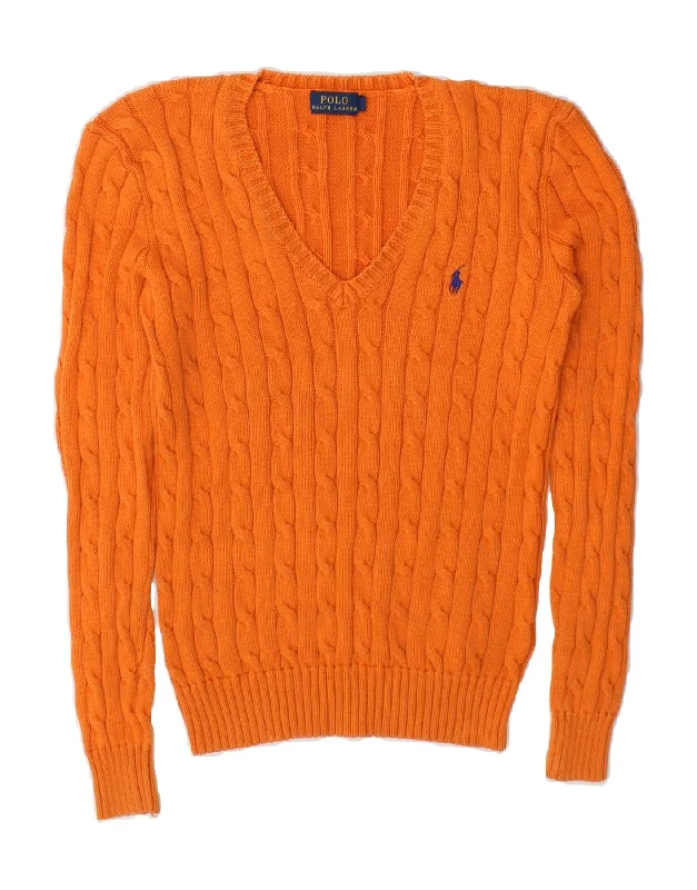 POLO RALPH LAUREN Womens V-Neck Jumper Sweater UK 10 Small Orange Cotton Striped Floral Plaid