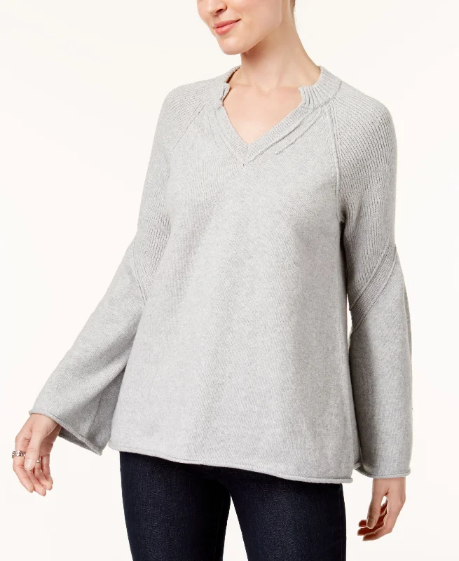 Split-Neck Bell-Sleeve Sweater Front Pockets Side Pockets Patch Pockets