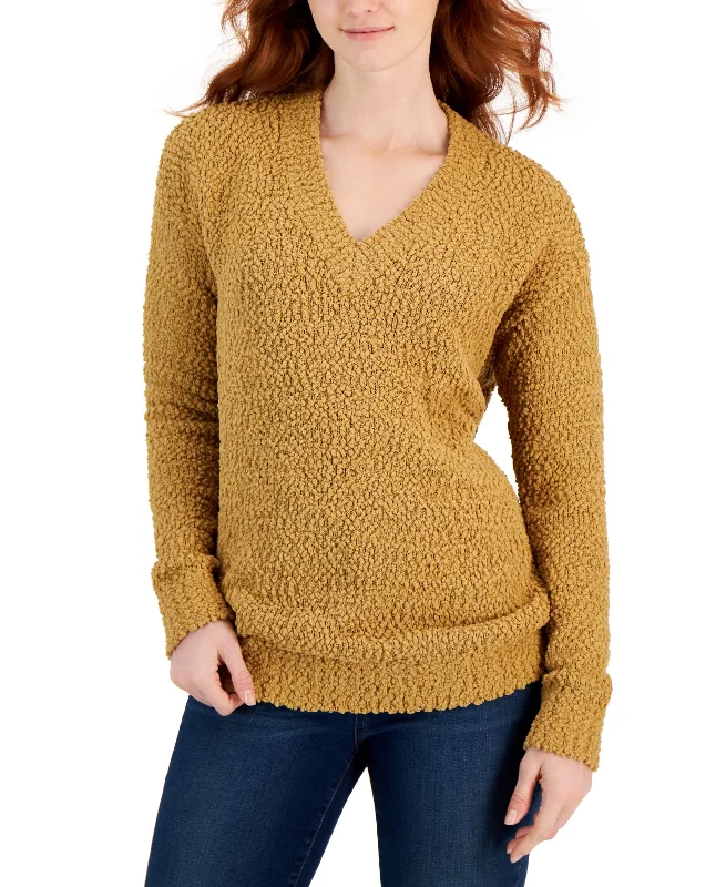 Style & Co Womens Teddy Boucle V Neck Sweater Chenille Fabric Brocade Fabric Lace Fabric