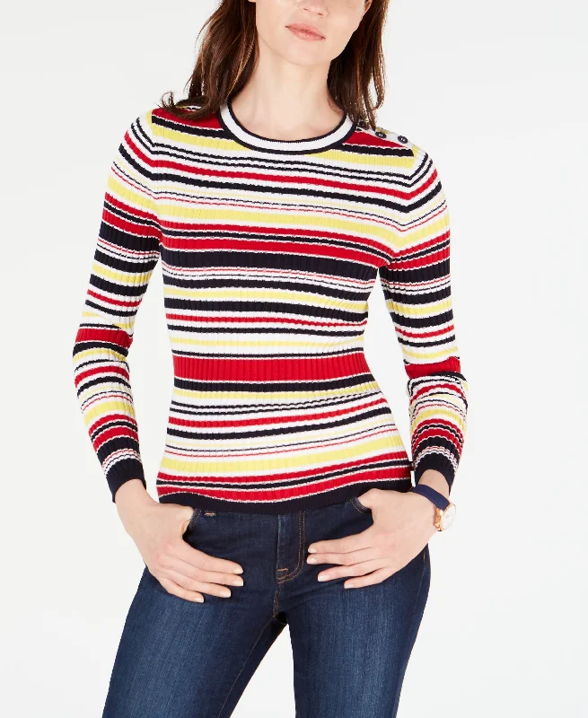 Tommy Hilfiger Ribbed Cotton Striped Sweater Embroidered Appliqued Beaded