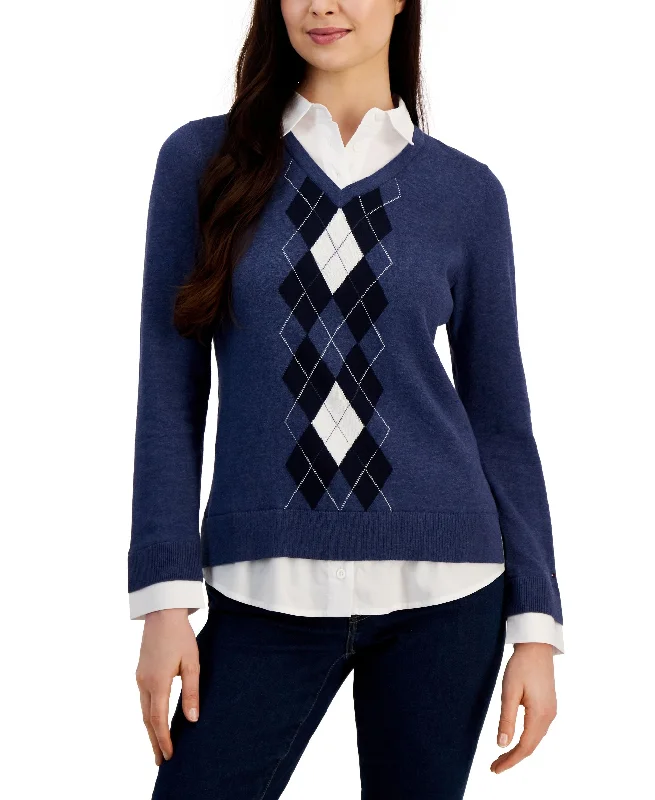 Tommy Hilfiger Womens Cotton Argyle Print Layered Look Sweater Herringbone Houndstooth Plaid