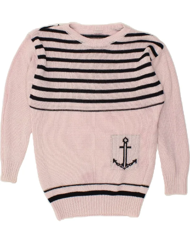 VINTAGE Womens Boat Neck Jumper Sweater UK 14 Large Pink Striped Collared Crew Neck Turtle Neck