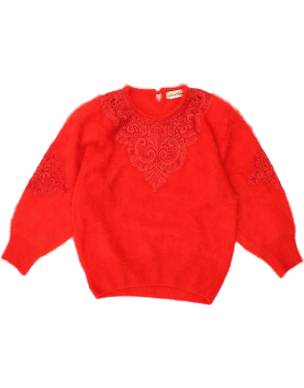 VINTAGE Womens Crew Neck Jumper Sweater UK 14 Medium Red Floral Angora Graphic Sweater Embroidered Appliqued